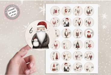 Preview: 24 Stück zuckersüße Adventskalenderaufkleber Sticker Hygge Santa Nikolaus Vintage Weihnachten  /4cm rund mit-oder ohne 24 Beutelchen aus Kraftpapier